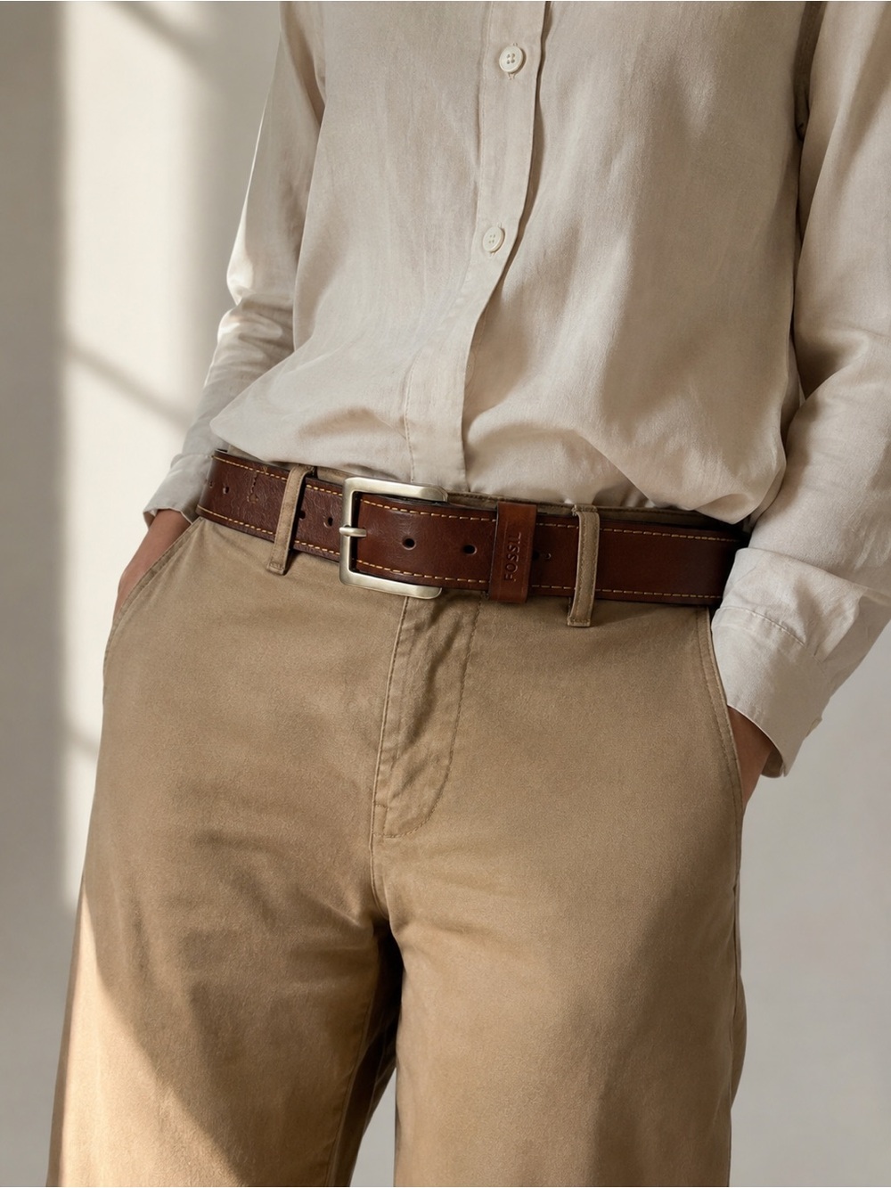 Fossil Deep Brown Genuine Leather Belt with Silver Accents